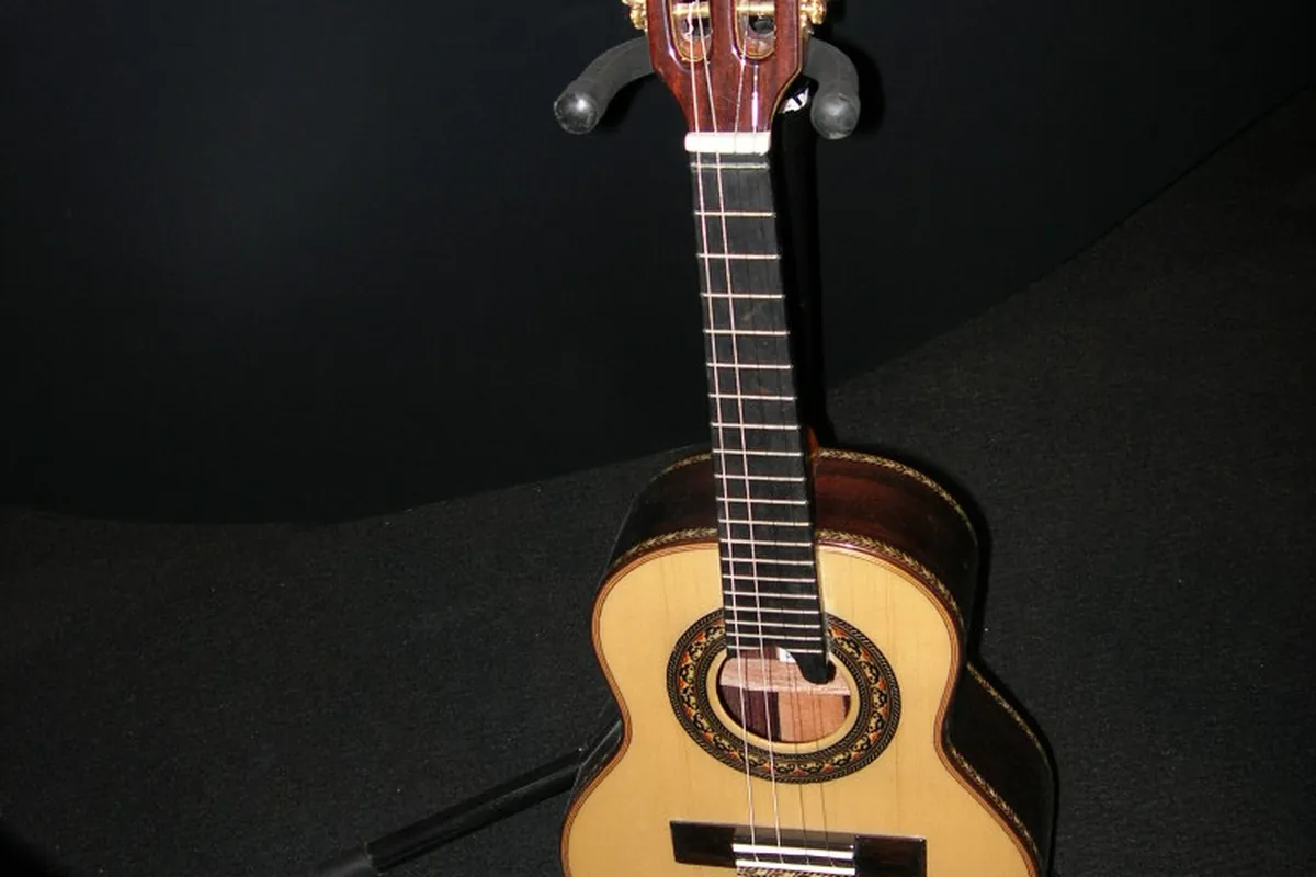 Malé cavaquinho se čtyřmi strunami a lehkým dřevěným tělem, postavené na muzejní expozici